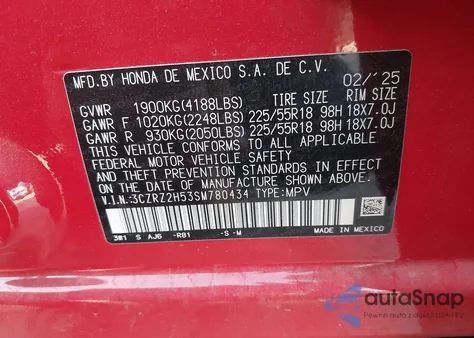 2025 Honda Hr-V Awd Sport из США, поврежденный, VIN 3CZRZ2H53SM780434